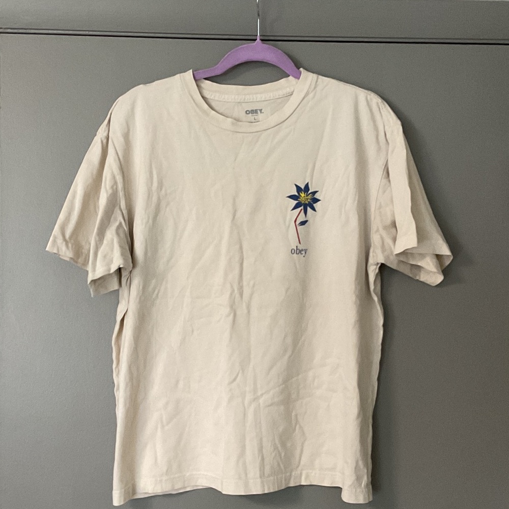 Obey Beige Tee with Blue Graphic, Size L